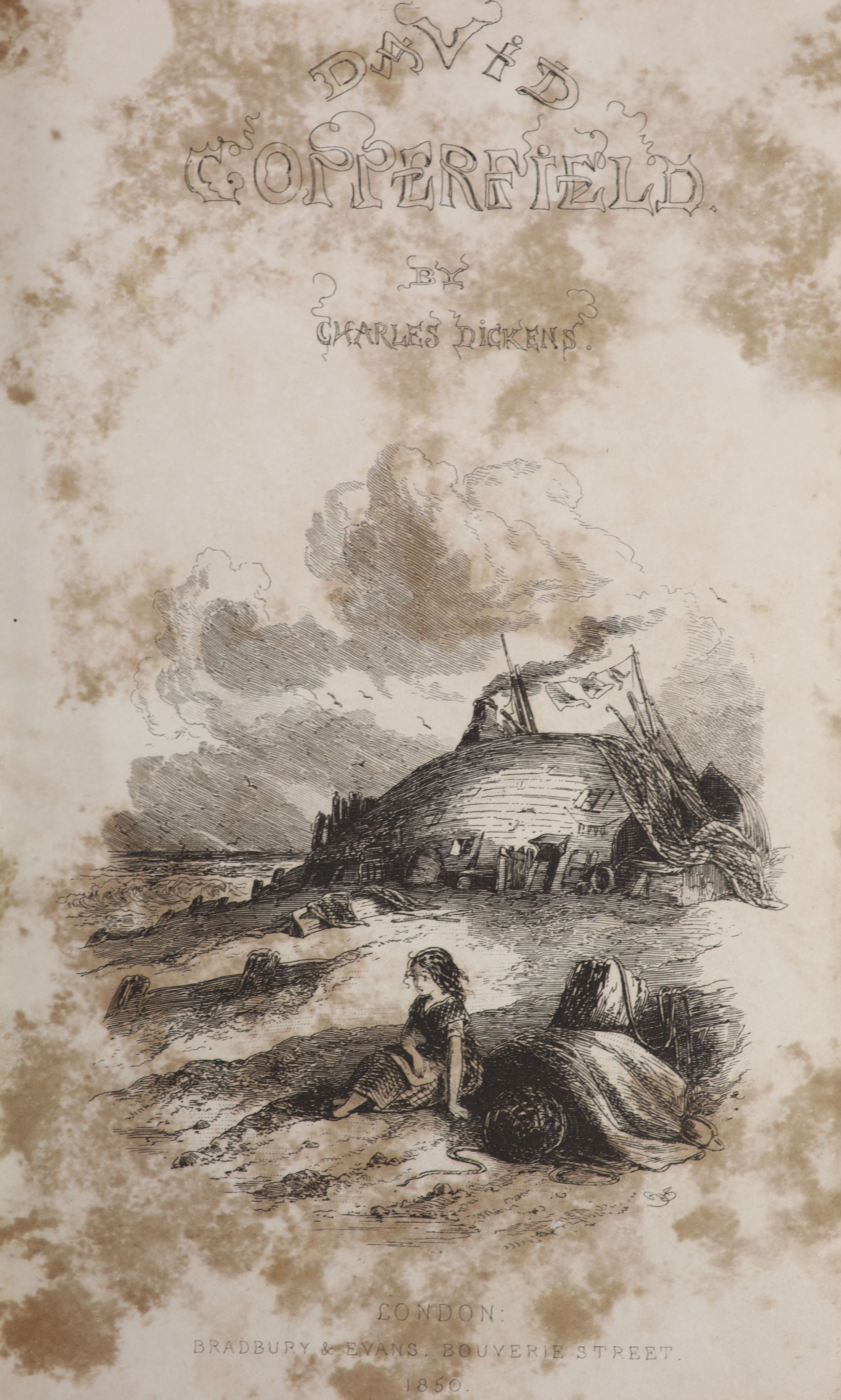 Dickens, Charles - The Personal History of David Copperfield. Pictorial engraved and printed titles, frontis and 38 other engraved plates (H.K.Browne). Half title and errata leaf. Old half morocco and marble boards. Gilt